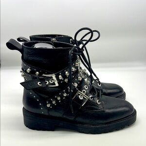 Zara - Black Leather Bejeweled Criss Cross Lace Up Biker Ankle Boot Size 6